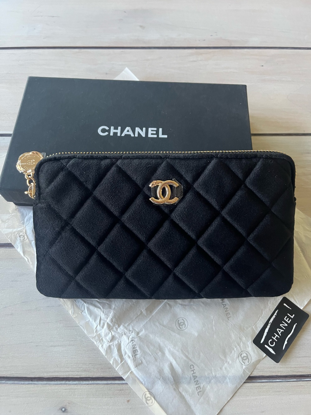 Chanel Makeup Quilted Velvet Zip Pouch in Chanel Box